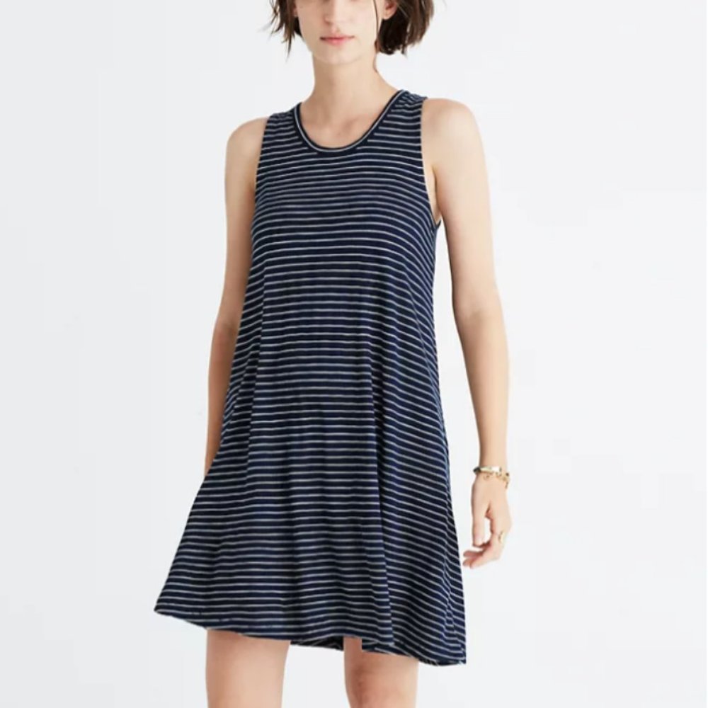 madewell sleeveless dress navy blue + white stripe
